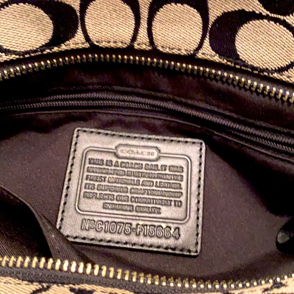 Coach vtg satchel style, black/gray w/ outer pocket, blk leather handles - Picture 3 of 10